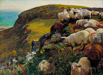 動物 Painting - ウィリアム・ホルマン イギリスの海岸 1852 年の羊を狩る